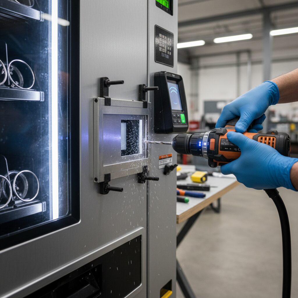A clean, well-lit, photorealistic image of a technician's hands skillfully using a drill with a template to create a precise opening for a card reader for vending machines on the metal panel of the equipment.