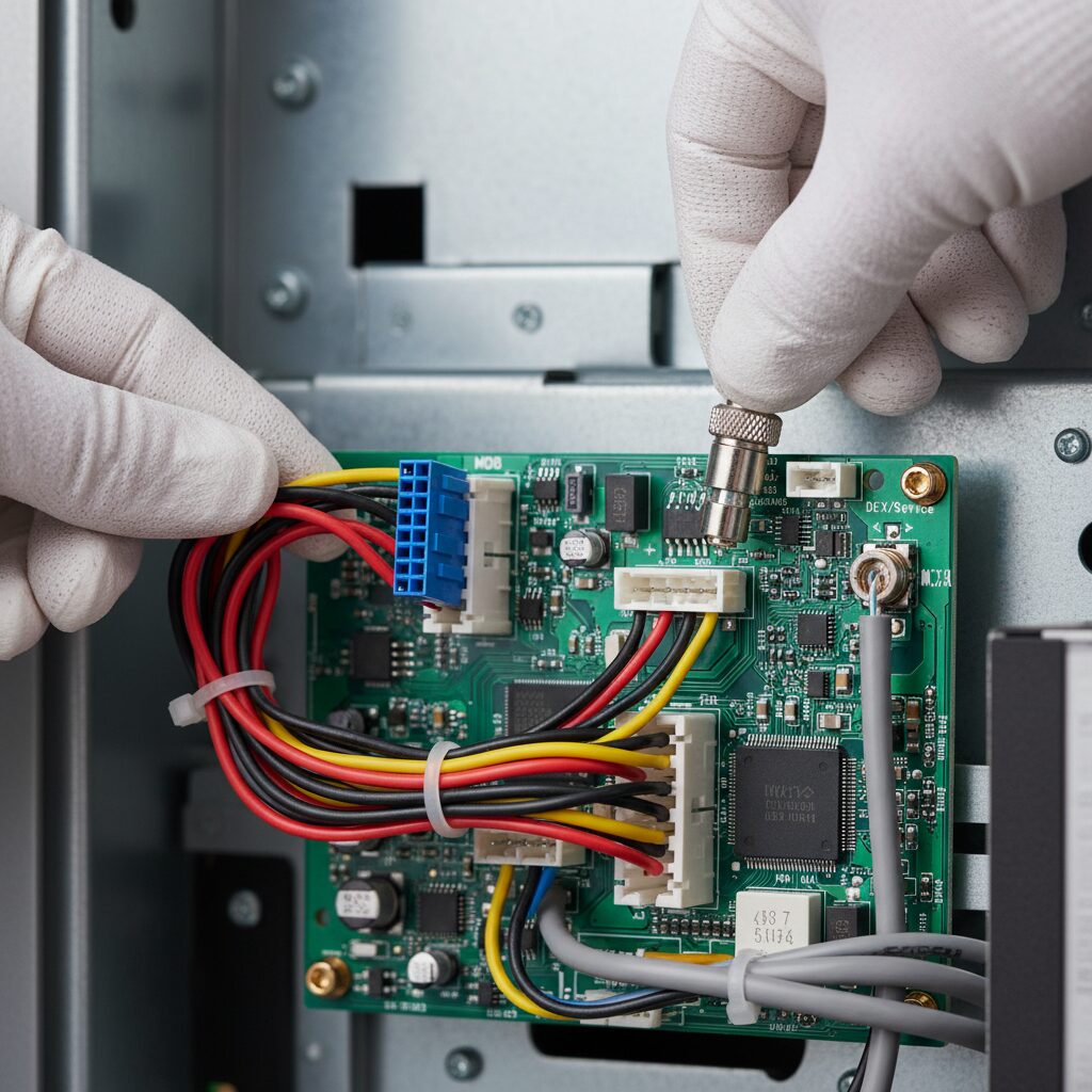 A detailed macro shot focusing on the internal controller board of a vending machine, showing hands neatly connecting the MDB and DEX cables, with tidy cable management illustrating a professional installation.