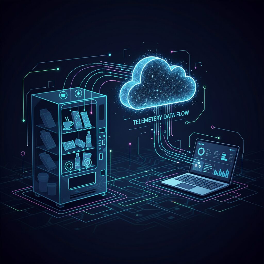 An abstract tech corporate illustration showing how a smart vending machine uses telemetry. Icons of products inside the machine connect via data streams to a central cloud icon, which then feeds into a clean UI dashboard on a laptop.