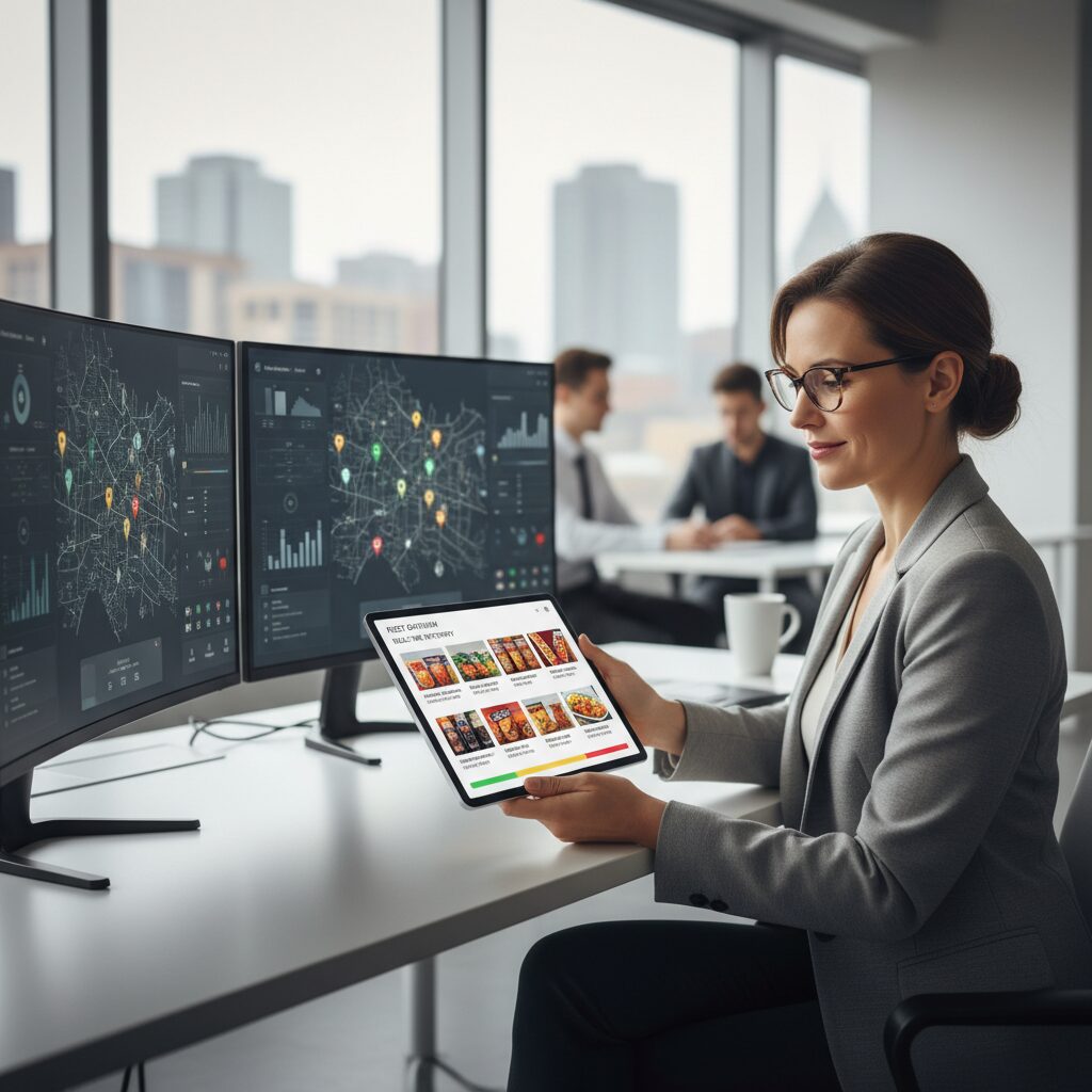 A professional vending operator in a modern office remotely managing their fleet, viewing a clean UI on a tablet that shows photorealistic, real-time inventory levels of multiple smart vending machines.