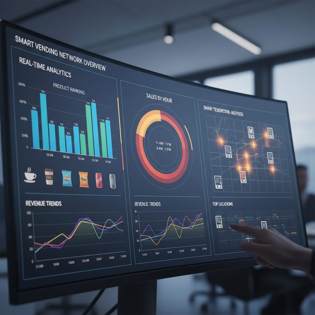 A dynamic, close-up shot of a sophisticated data visualization dashboard on a large monitor, displaying colorful charts and graphs that analyze product performance and peak sales hours for a smart vending machine network.