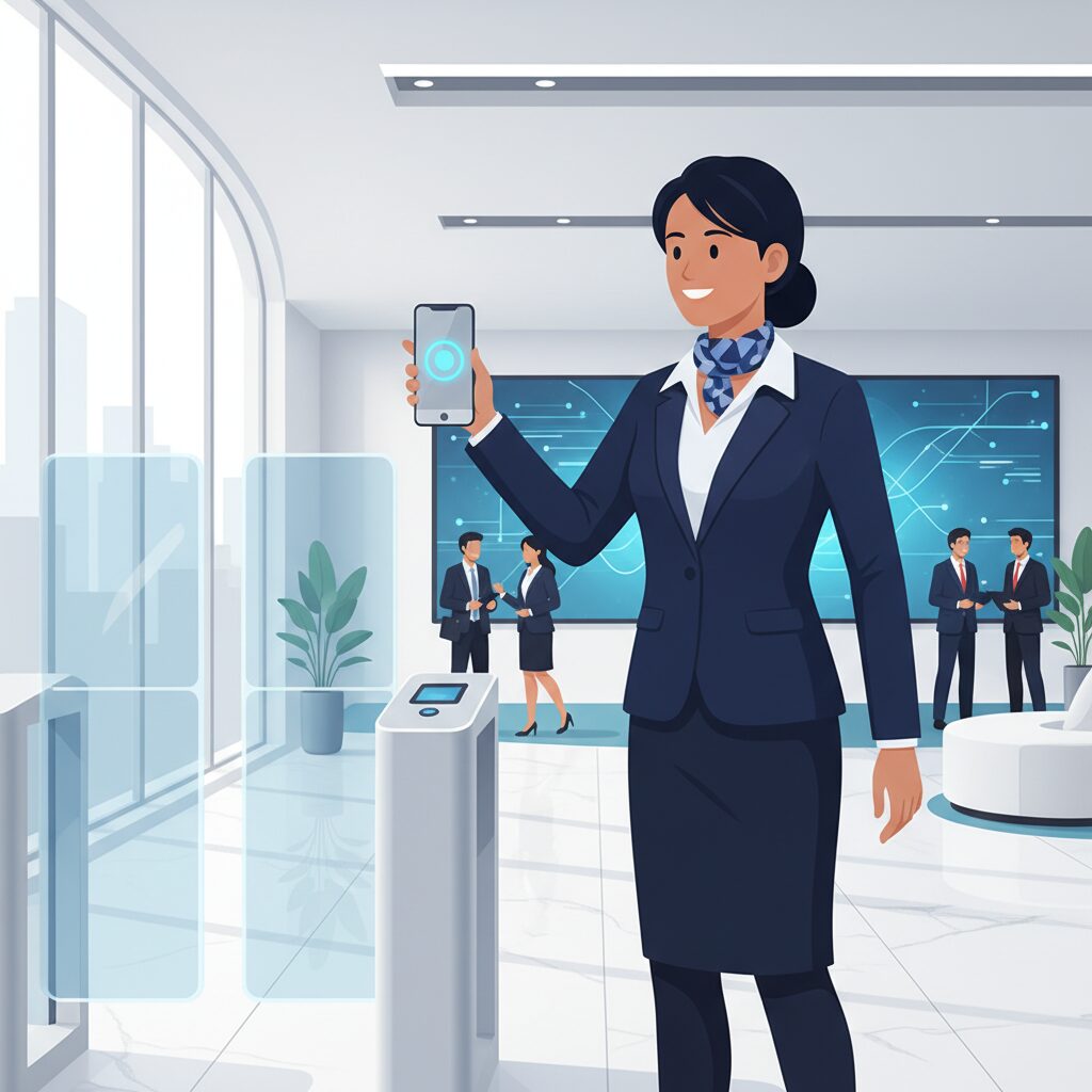 Corporate illustration of a professional woman confidently using her smartphone with an NFC mobile credential to seamlessly pass through a sleek, futuristic glass turnstile in a bright, modern corporate lobby.