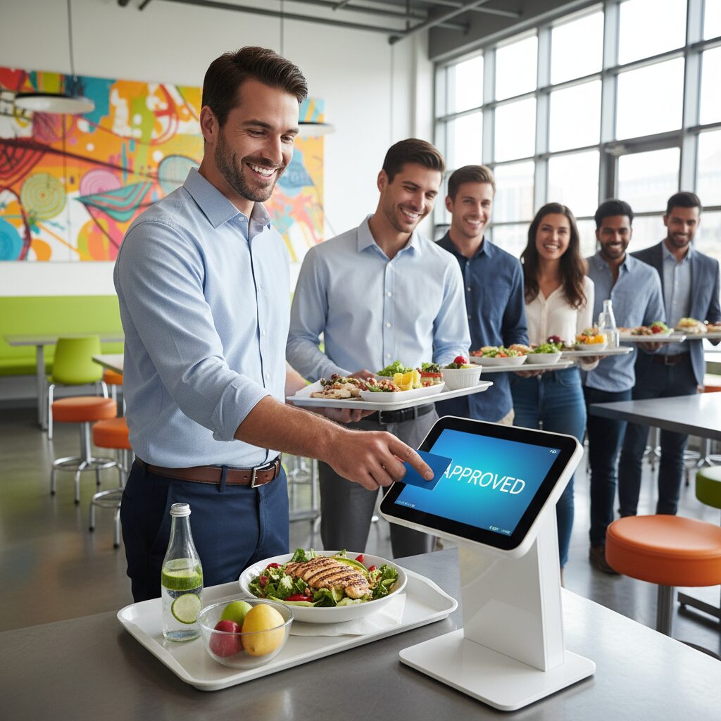A photorealistic scene in a vibrant, modern corporate canteen where an employee smiles while effortlessly paying for his healthy lunch by tapping his ID card on a clean, minimalist point-of-sale terminal, with a short, fast-moving queue in the background.