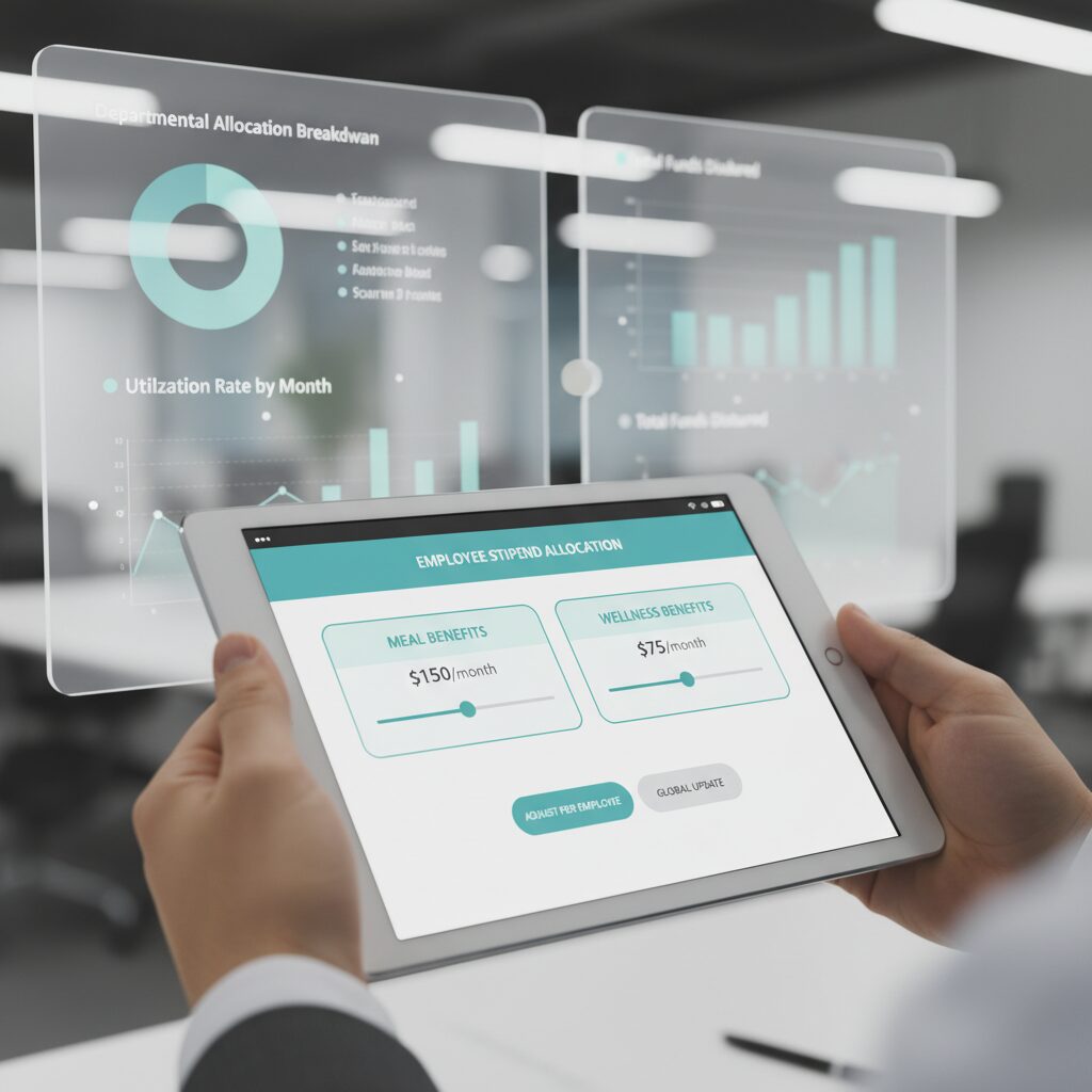Clean UI design-focused shot of a manager's hands on a tablet, viewing a dashboard for an employee stipend program, illustrating the simple allocation of meal and wellness benefits with data visualization charts and graphs in the background.