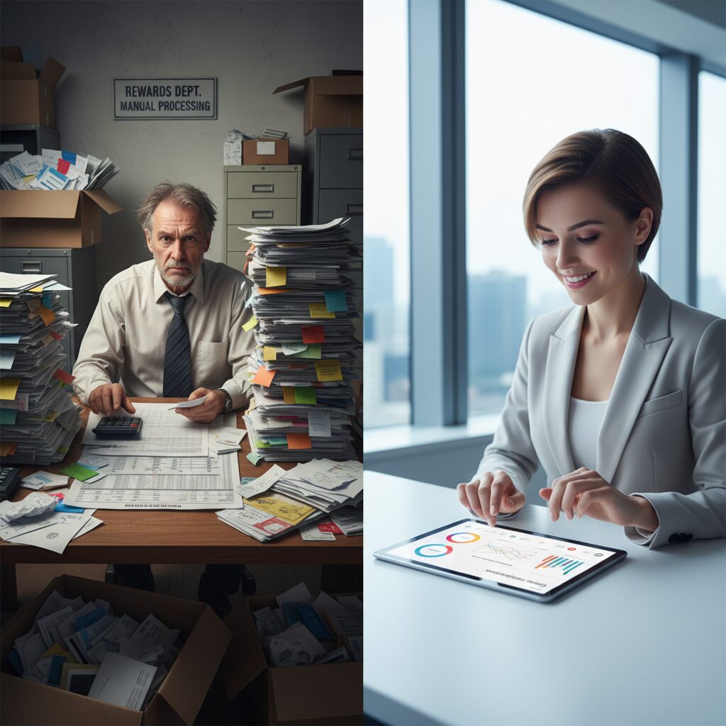 A split-screen visual contrasting old and new reward systems: on one side, a cluttered desk with piles of paper vouchers and a frustrated administrator, and on the other, a clean desk with a single tablet displaying a streamlined rewards dashboard with data visualizations.