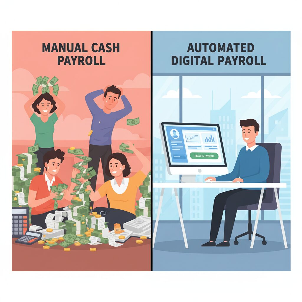 A corporate illustration using a split-screen design: one side shows the chaos of manual cash payroll with stacks of money and stressed administrators, while the other side depicts a serene, modern office where payroll is managed effortlessly on a clean UI dashboard.