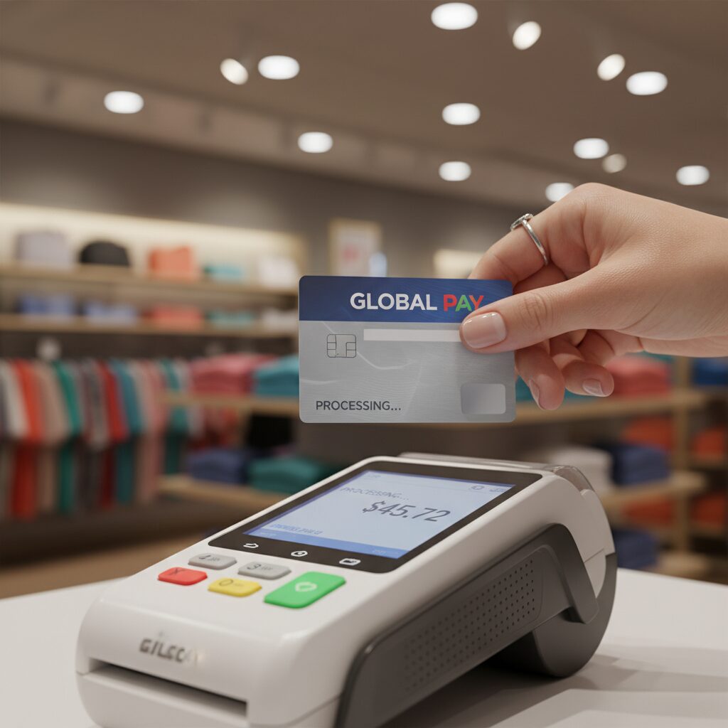 A close-up, photorealistic shot of a person's hand holding a modern, professional-looking payroll card and tapping it on a point-of-sale terminal in a brightly lit retail store, clearly demonstrating the card's convenient transactional functionality.