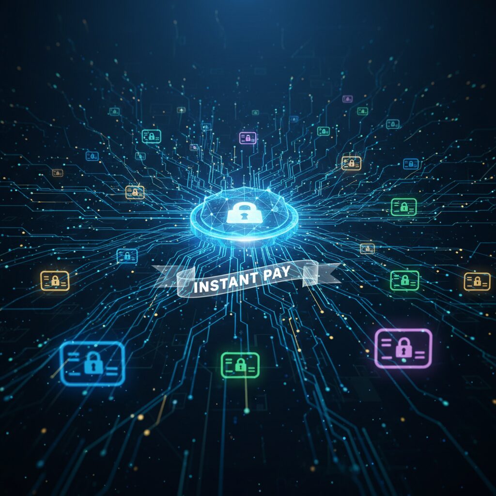 An abstract tech background featuring a glowing, secure digital network where data flows from a central corporate hub to numerous individual payroll card icons, visually representing a secure, instant, and large-scale wage disbursement system.