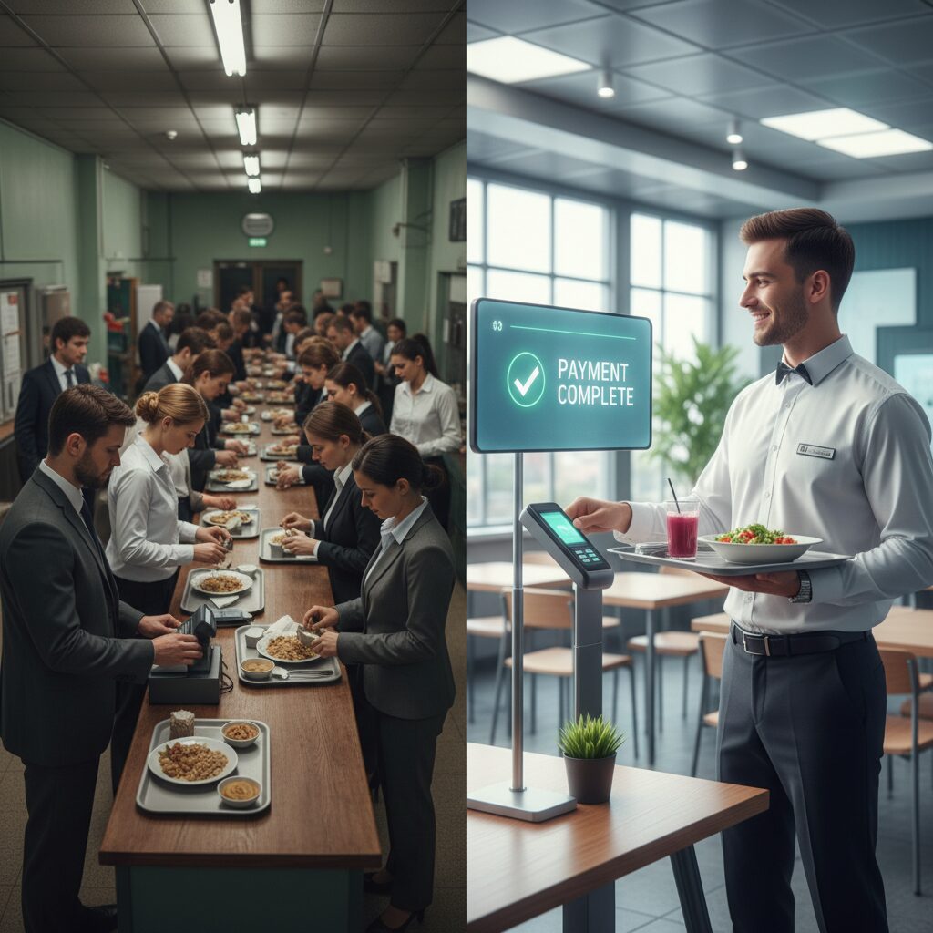 A dramatic, photorealistic split-screen image: on one side, a long, frustrating queue of impatient professionals in a traditional canteen waiting to pay with cash; on the other, a single employee smiling as they complete an instant tap-and-go payment using a modern office canteen POS setup in a bright, cafeteria environment.