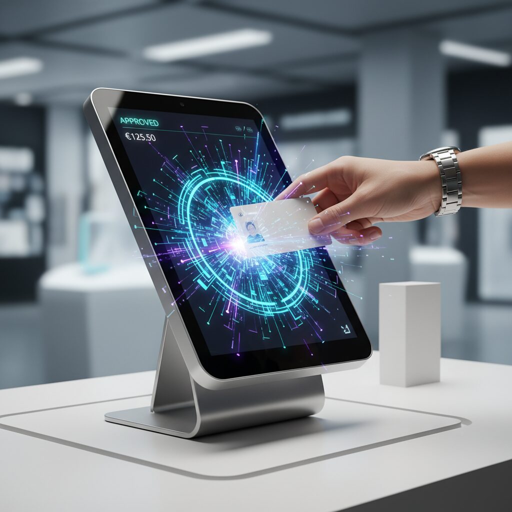 A clean, close-up, photorealistic shot focusing on a hand tapping a company ID card on a futuristic, minimalist office canteen POS terminal, with glowing abstract UI elements and data streams emanating from the point of contact to illustrate a seamless digital wallet transaction.