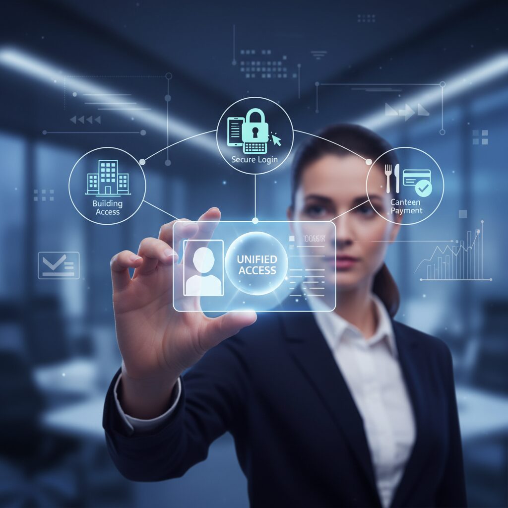 Corporate illustration depicting a professional using a single employee ID card for multiple functions, visualized with clean, glowing icons for building access, secure login, and canteen payment, all within a seamless and integrated modern office ecosystem.
