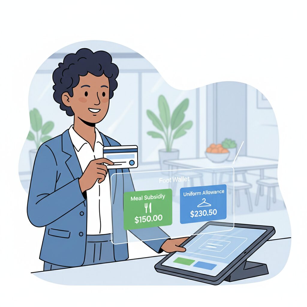 A corporate illustration showing a smiling employee using their company access card to pay at a modern canteen point-of-sale, with a clean UI overlay visible, showing a digital wallet with separate, clearly labeled purses for 'Meal Subsidy' and 'Uniform Allowance'.