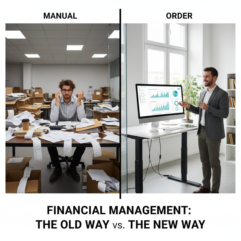 A split-screen concept contrasting chaos and order: one side shows a cluttered, stressful office with stacks of paper receipts and manual ledgers, while the other side depicts a clean, modern workspace with a single dashboard showing streamlined, automated financial data.
