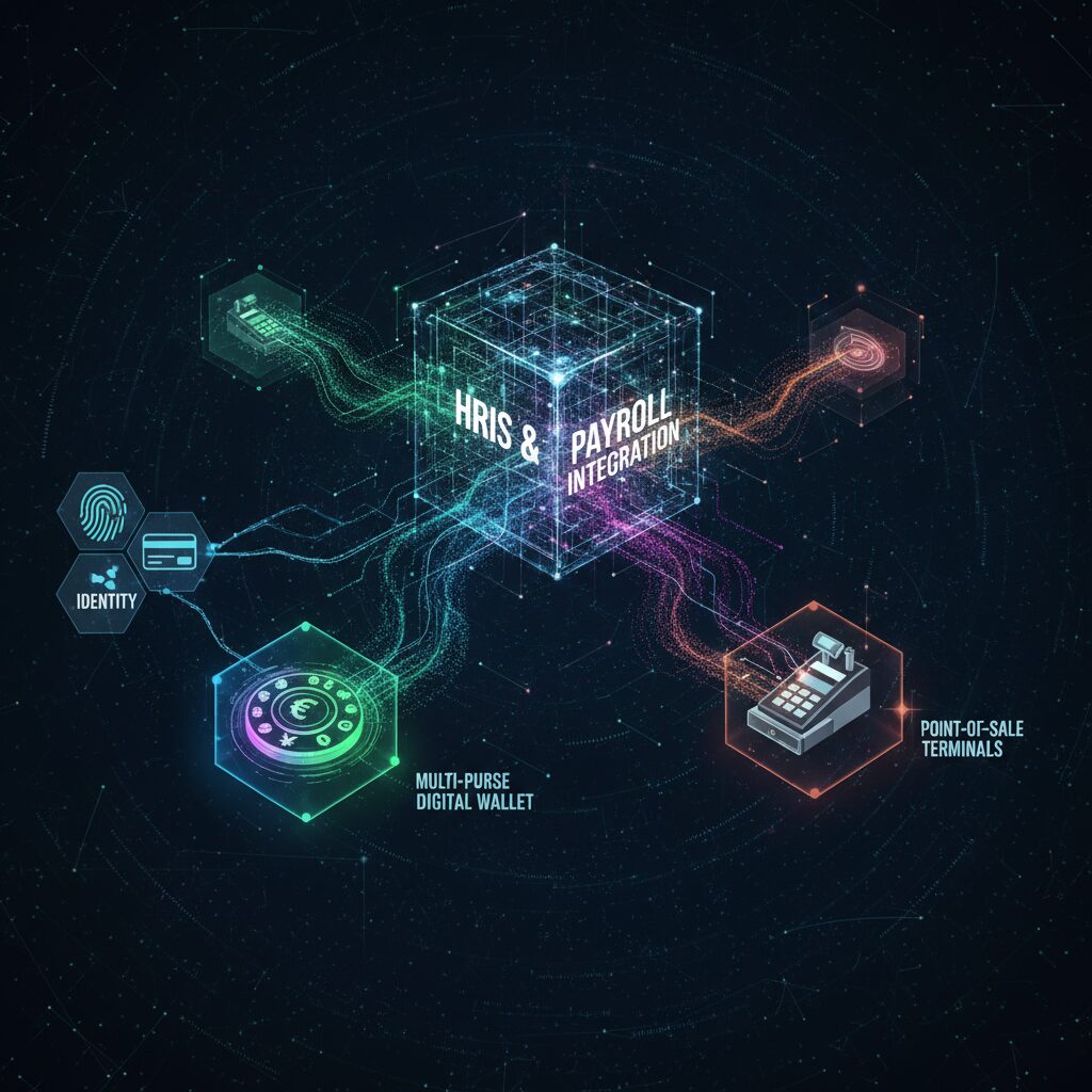 An abstract tech visualization of interconnected data layers, showing icons for identity (biometrics, access card), a multi-purse digital wallet, and point-of-sale terminals, all connected by luminous data streams to a central hub labeled 'HRIS & Payroll Integration'.