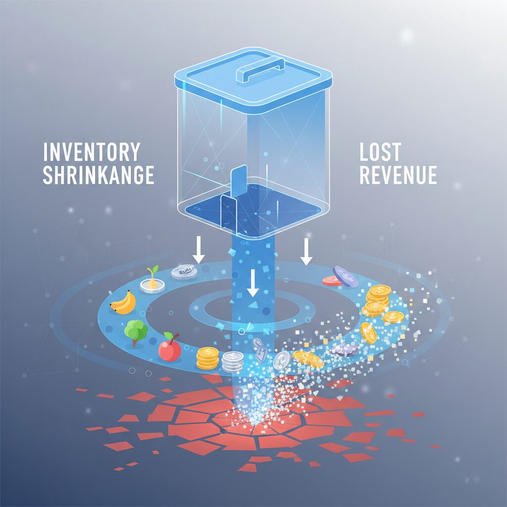 An abstract corporate illustration showing financial leakage, with icons of food and coins dissolving as they flow out of a stylized canteen diagram, visualizing the concepts of inventory shrinkage and lost revenue in a clean, data-graphic style.
