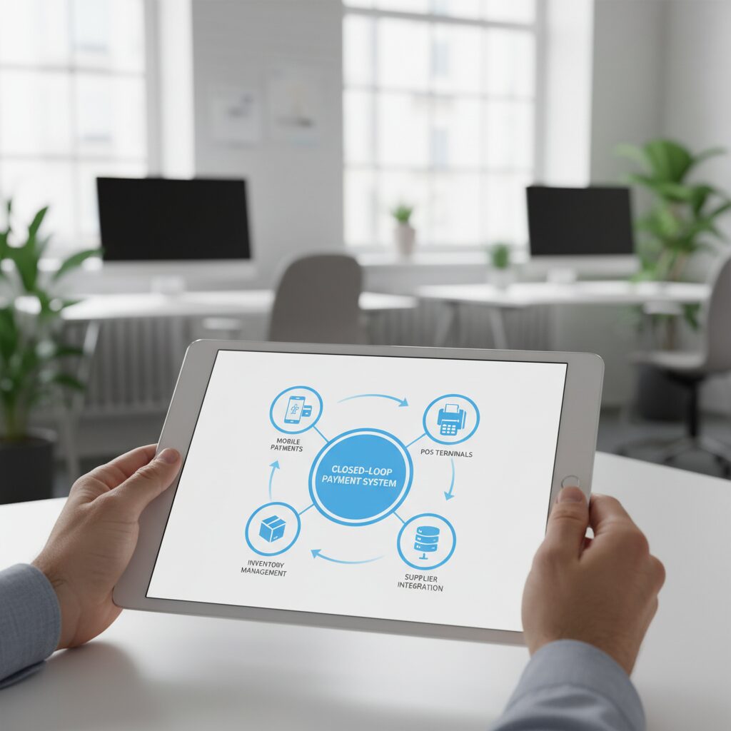 A photorealistic image of a professional's hands holding a tablet displaying a clean UI diagram of a canteen management system operating on a closed-loop network, with interconnected icons for mobile payments, POS terminals, inventory, and a central reporting dashboard, all within a modern office environment.