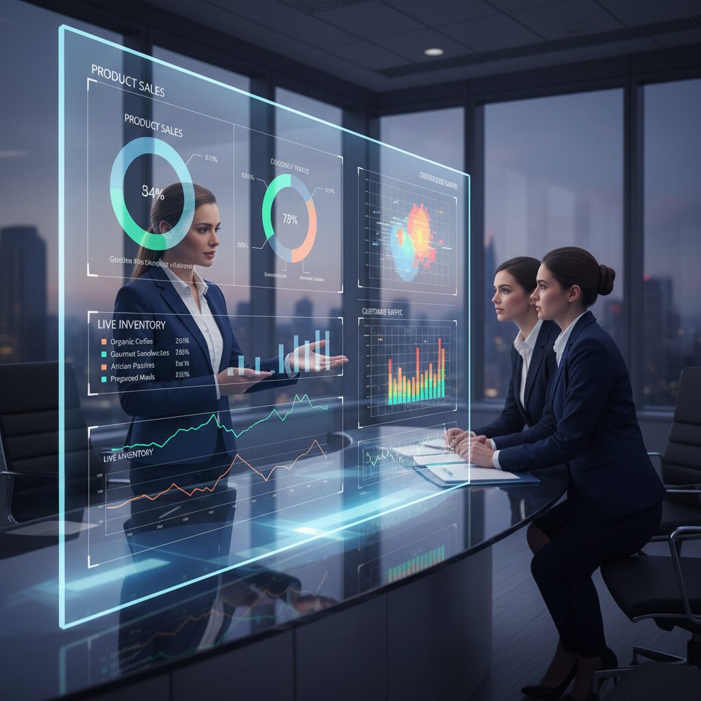 A catering manager in a professional corporate setting interacts with a large, futuristic dashboard displaying real-time data visualizations, including colorful charts of product sales, live inventory levels, and customer traffic patterns, showcasing proactive, data-driven management.