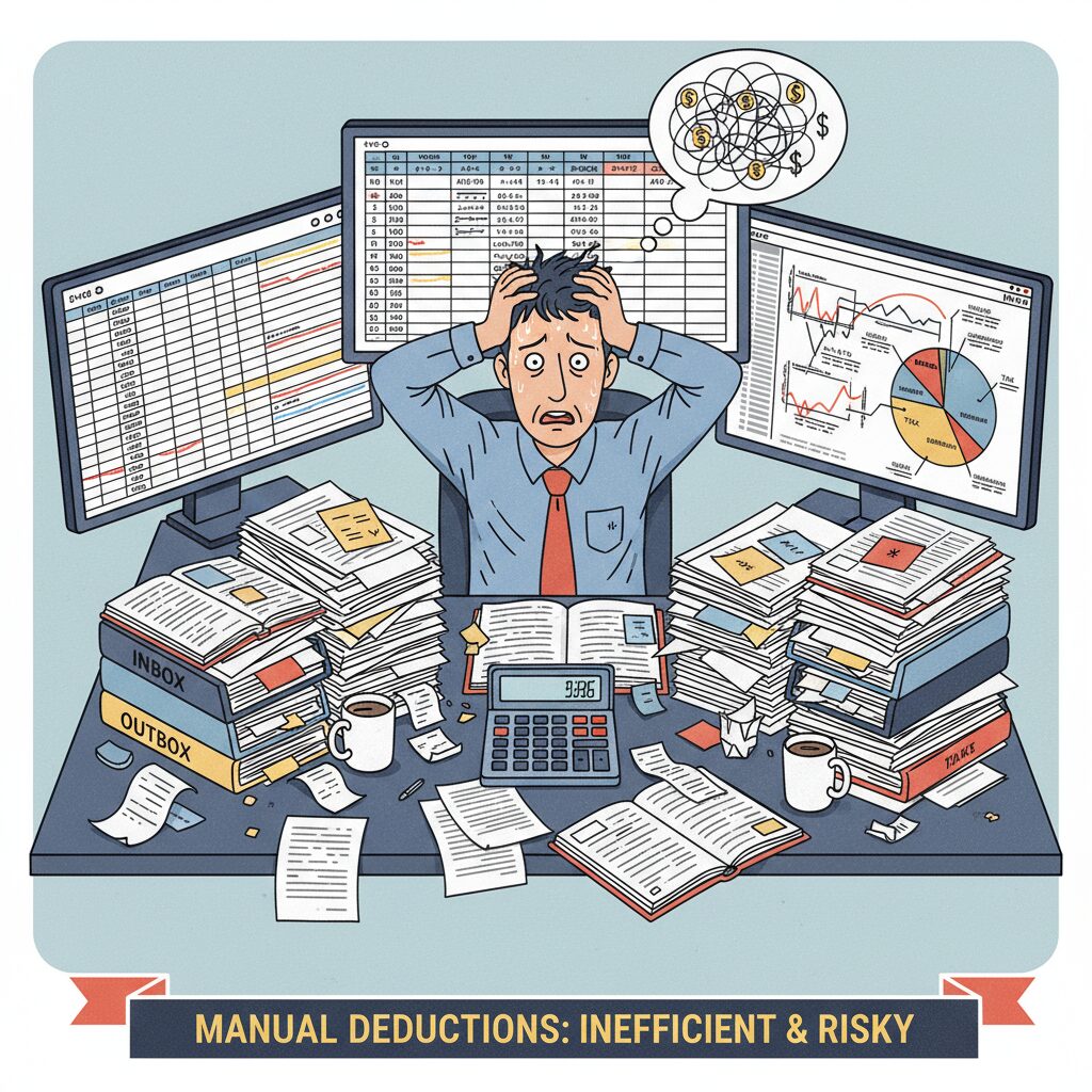 Corporate illustration of a stressed payroll manager's desk, cluttered with stacks of paper, spreadsheets showing complex calculations, and a calculator, visually representing the inefficiency and risk of manual deduction management.