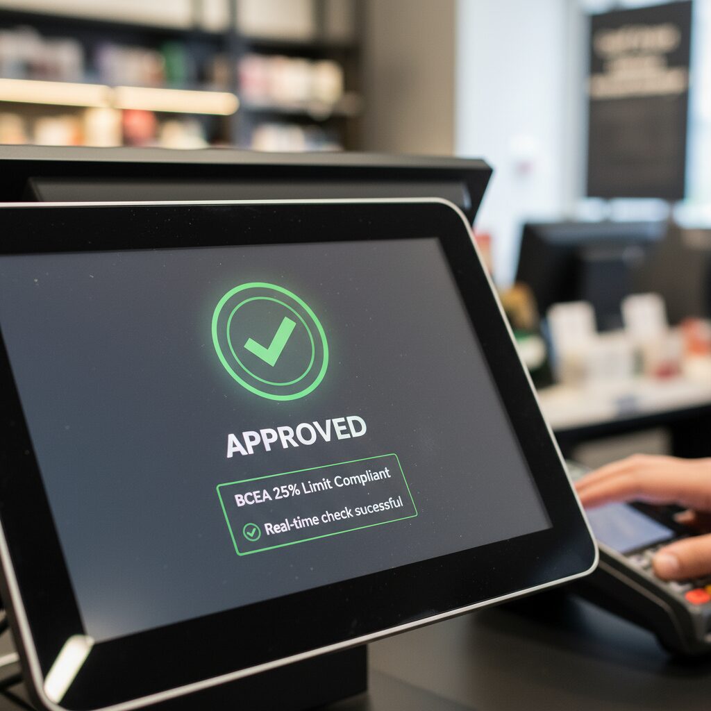 Close-up, photorealistic shot of a modern point-of-sale terminal screen in a staff shop, displaying a clean UI with a green checkmark and 'Approved' status, with a small graphic indicating a real-time 'BCEA 25% Limit Compliant' check was successful.