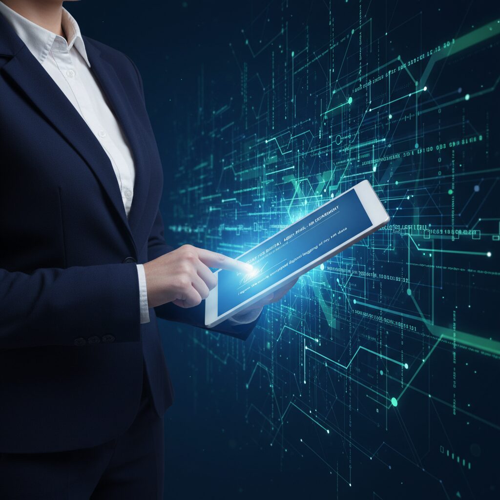 A professional employee is shown holding a tablet and digitally signing a consent form with their finger; the background is an abstract visualization of a secure, encrypted data stream, symbolizing a tamper-proof digital audit trail for HR.