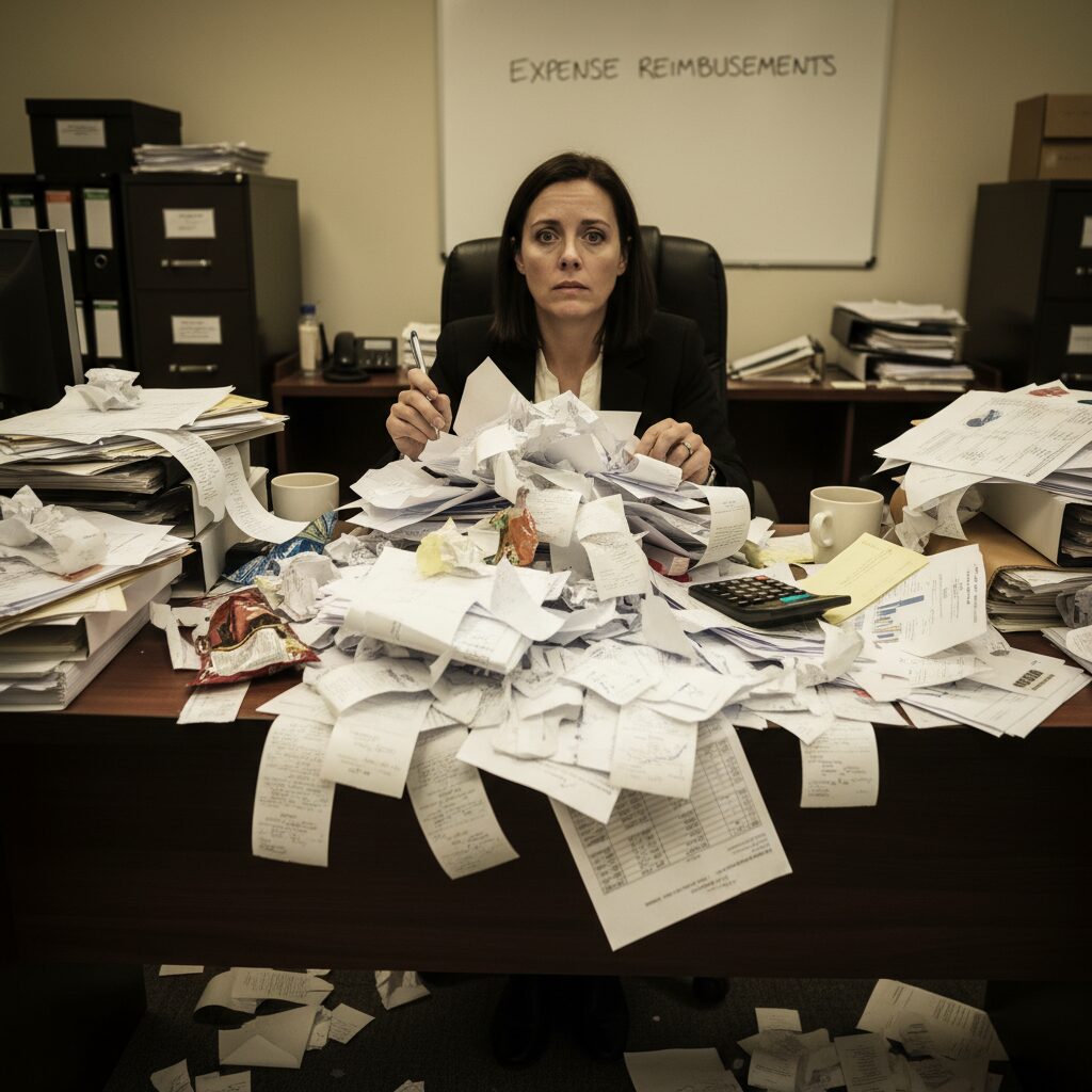 A photorealistic, slightly desaturated image depicting a desk heavily cluttered with paper receipts, spreadsheets, and expense reports, highlighting the administrative burden and chaos of an unstructured employer funded meal allowance.