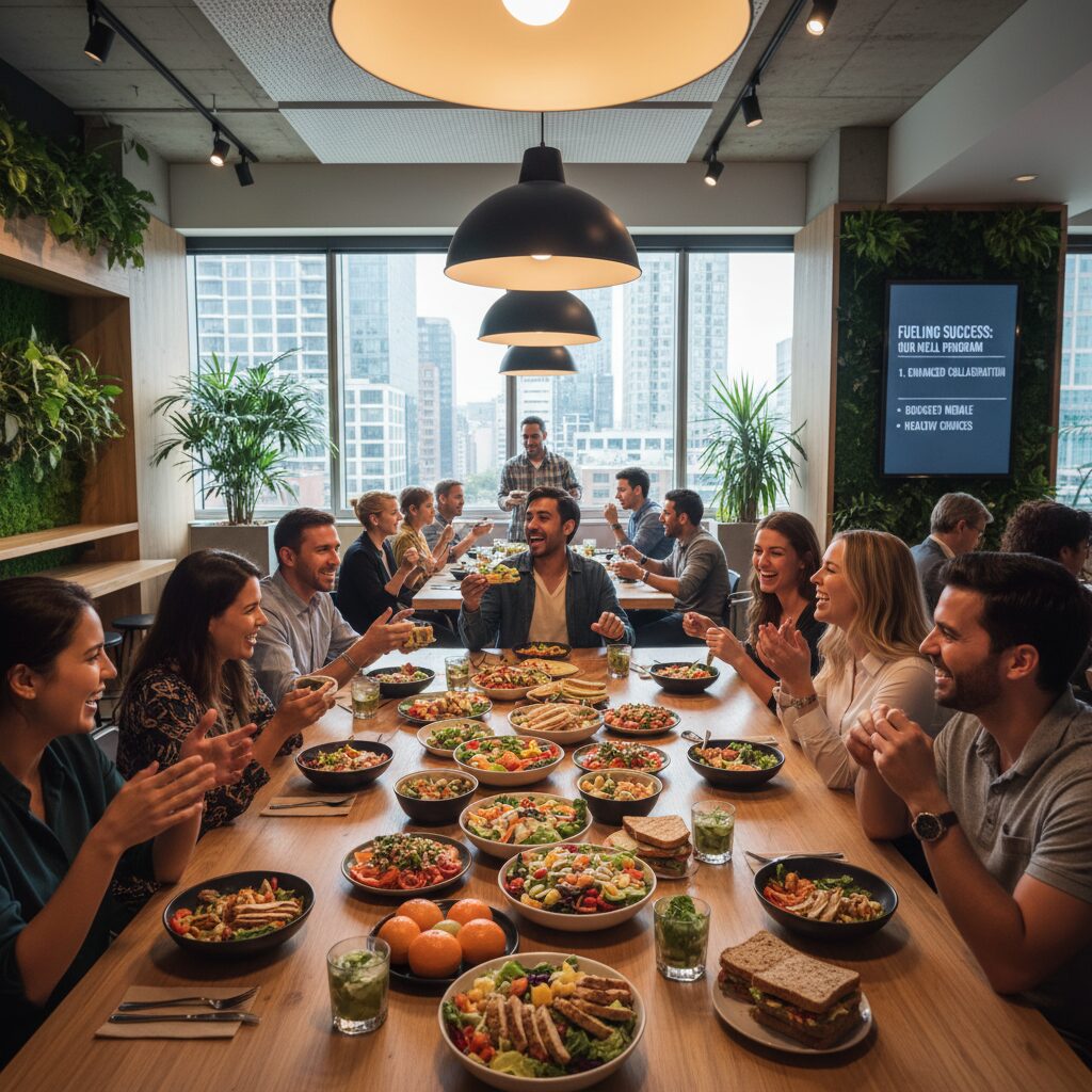 A vibrant, photorealistic shot of diverse colleagues collaborating and laughing together over a healthy lunch in a modern corporate canteen, perfectly illustrating the positive impact of a structured meal program on in-office culture and team cohesion.