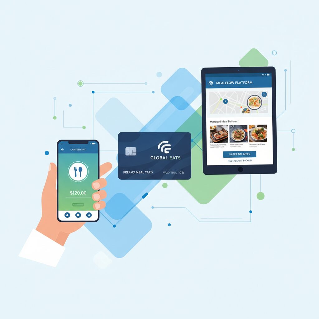 A clean corporate illustration showcasing three methods for an employer funded meal allowance: a smartphone displaying a digital canteen wallet, a branded prepaid corporate card, and a tablet showing a managed meal delivery platform interface, all presented against an abstract tech background.