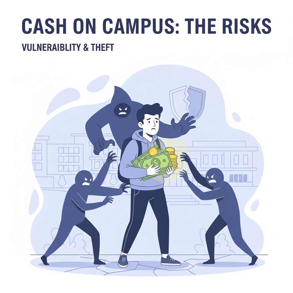 A corporate illustration depicting the risks of cash on campus, where shadowy figures represent theft and bullying around a student holding physical money, using a symbolic and clean design to convey vulnerability.