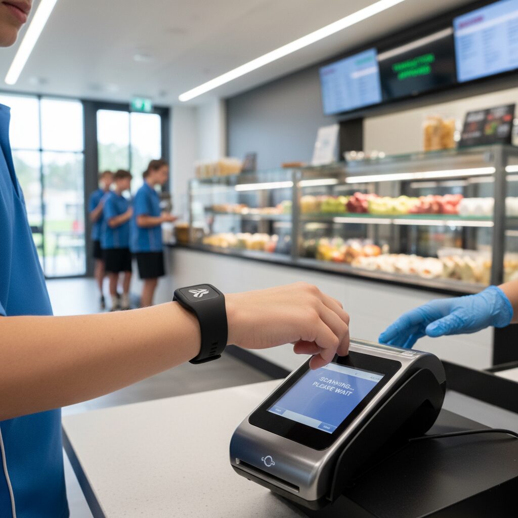 A close-up, photorealistic shot of a student's tap-to-pay wristband being scanned at a tuck shop counter, with the background showing a secure and efficient transaction in a modern school environment.