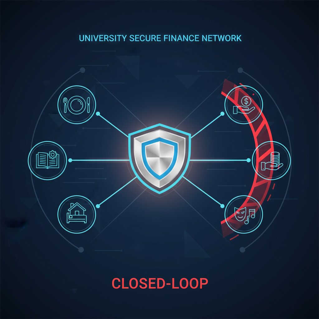 Corporate illustration using a clean, abstract tech style, showing a student meal plan software system represented by a central university shield icon. From this central point, secure, glowing pathways lead to designated icons for food, books, and accommodation, while a red barrier blocks paths to icons for cash withdrawals and entertainment, visualizing a closed-loop financial network.