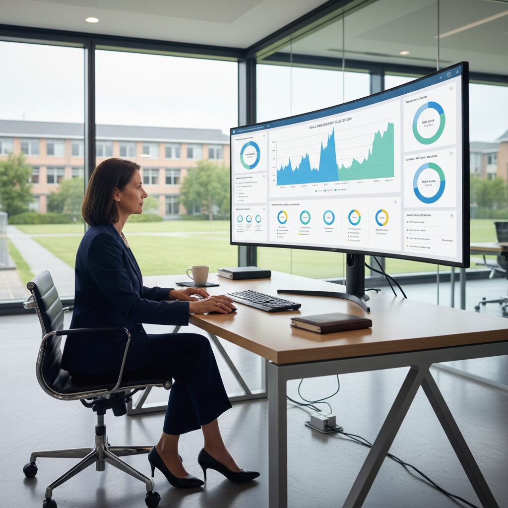 Photorealistic shot of a professional university administrator in a modern office, looking at a large, clean student meal plan software dashboard on a computer screen that displays real-time data visualizations, pie charts, and compliance reports on student bursary spending.