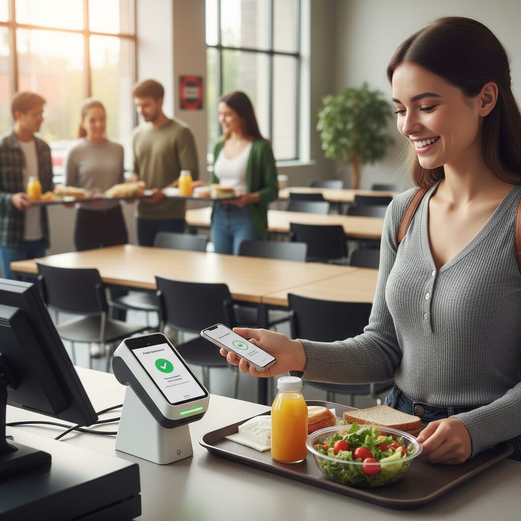 A bright, photorealistic scene in a bustling university cafeteria where a student is happily tapping their smartphone on a contactless payment terminal to buy lunch, emphasizing a seamless, convenient, and modern transaction experience.